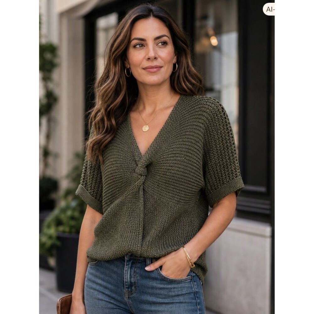 Talbots Olive Twist‑Front Knit Sweater – Short Sleeve Vintage‑Inspired